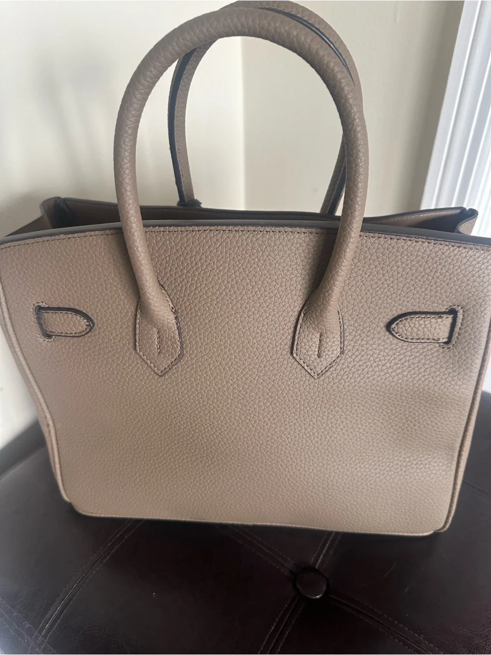 Taupe Leather Top-Handle Women’s Bag with Gold Hardware